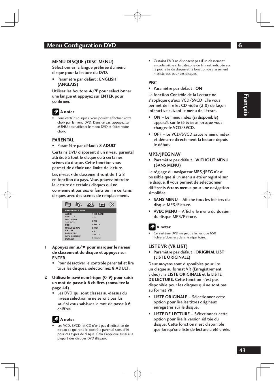 6menu confi guration dvd, Fr ançais | Marantz DV4001N User Manual | Page 95 / 358
