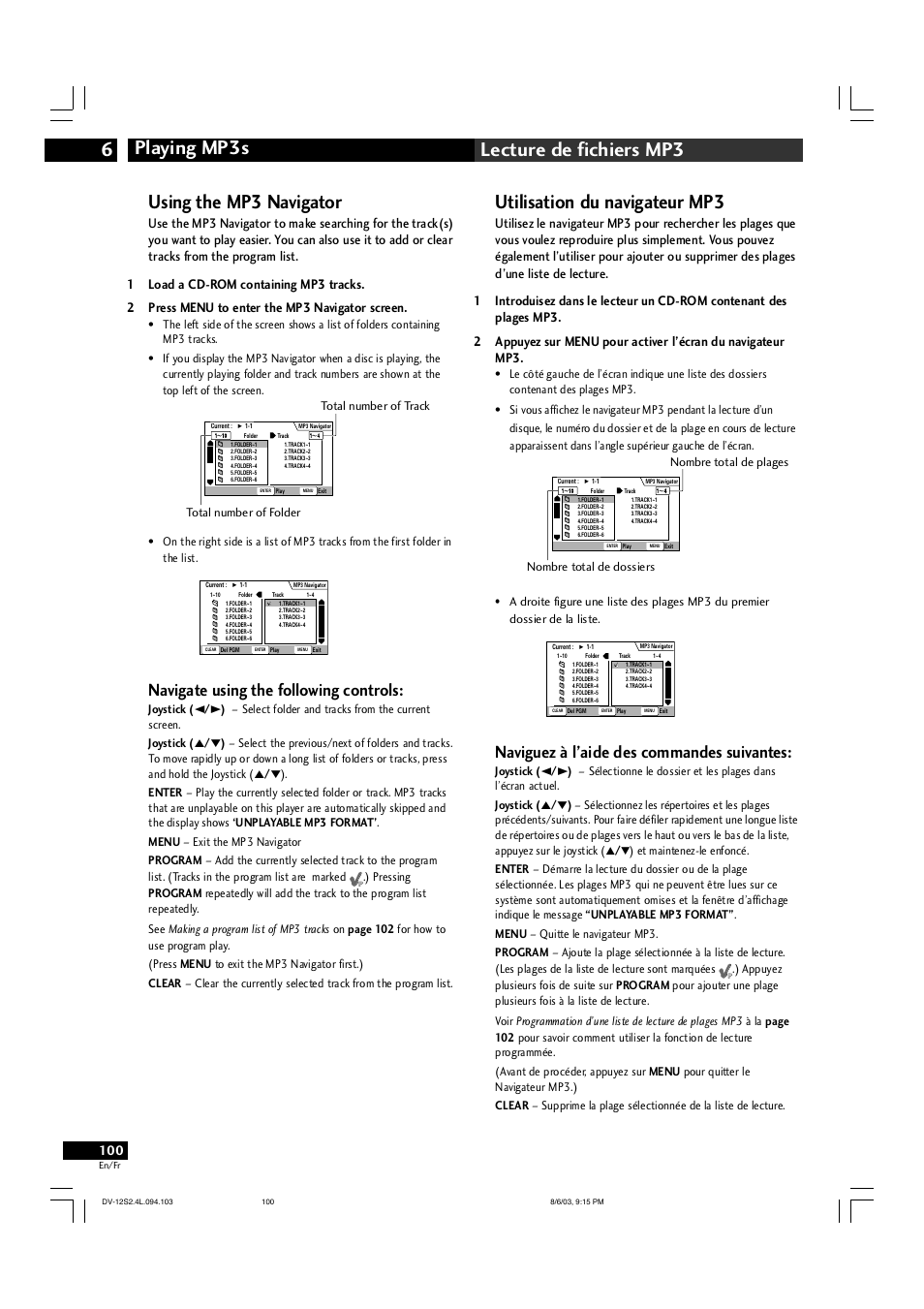 Playing mp3s 6 lecture de fichiers mp3, Using the mp3 navigator, Utilisation du navigateur mp3 | Navigate using the following controls, Naviguez à l’aide des commandes suivantes | Marantz DV-12S2 User Manual | Page 100 / 188