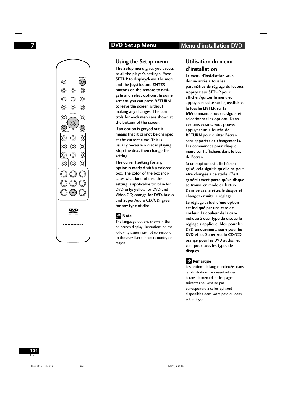Dvd setup menu 7 menu d’installation dvd, Using the setup menu, Utilisation du menu d’installation | Marantz DV-12S2 User Manual | Page 104 / 188