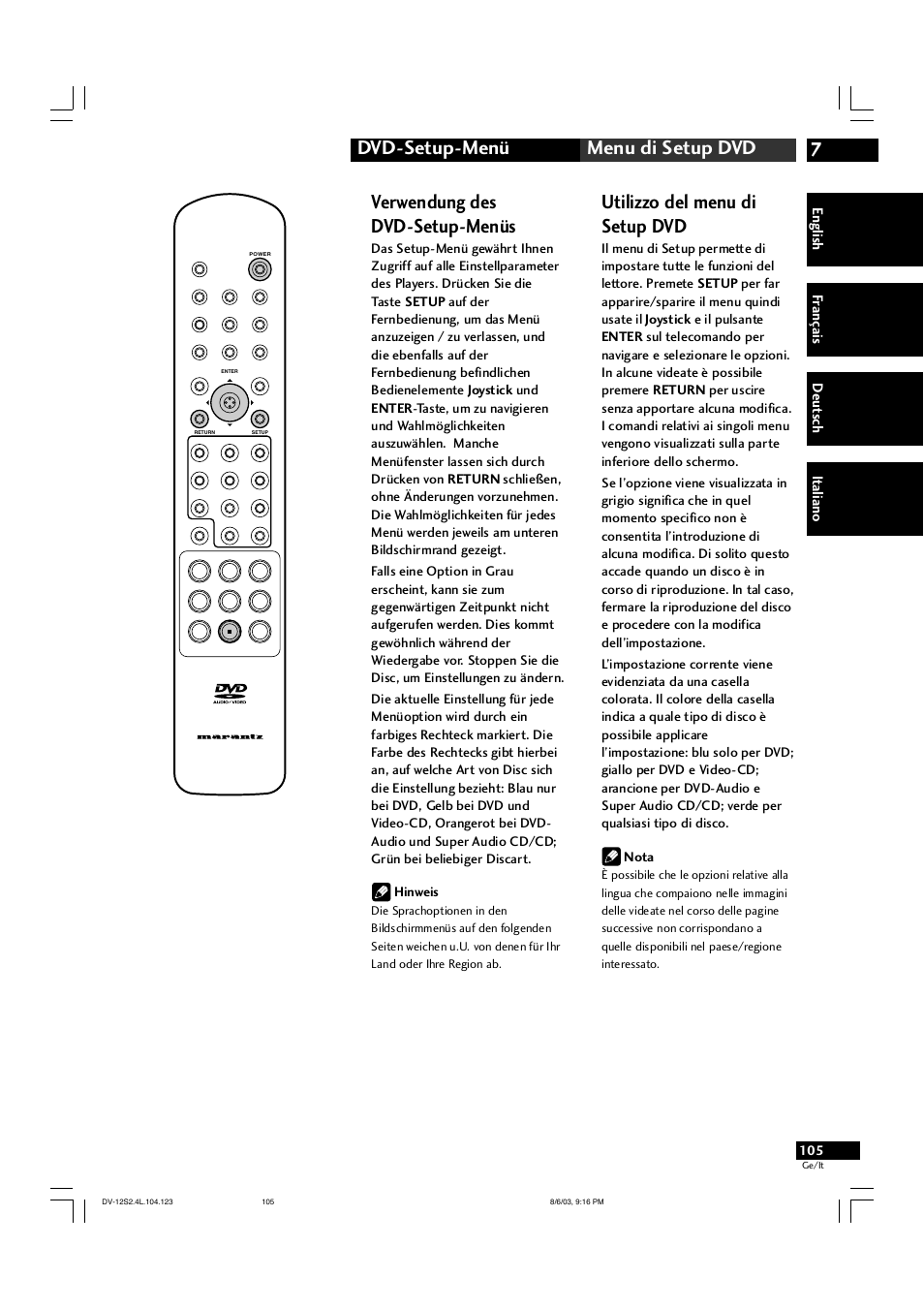 7dvd-setup-menü menu di setup dvd, Verwendung des dvd-setup-menüs, Utilizzo del menu di setup dvd | Marantz DV-12S2 User Manual | Page 105 / 188