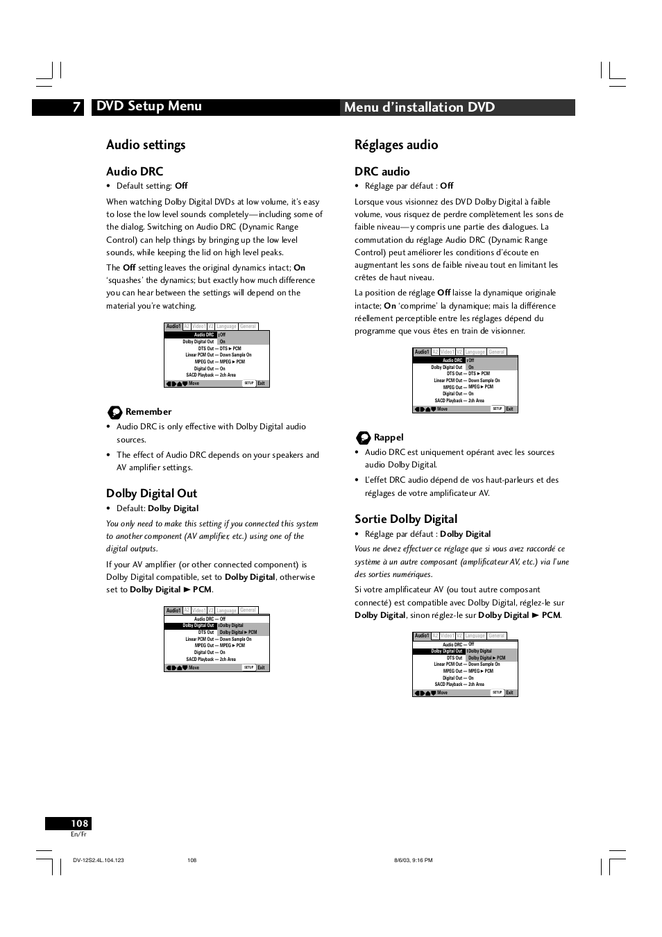 Dvd setup menu 7 menu d’installation dvd, Réglages audio, Audio settings | Drc audio, Sortie dolby digital, Audio drc, Dolby digital out, Rappel, Remember | Marantz DV-12S2 User Manual | Page 108 / 188