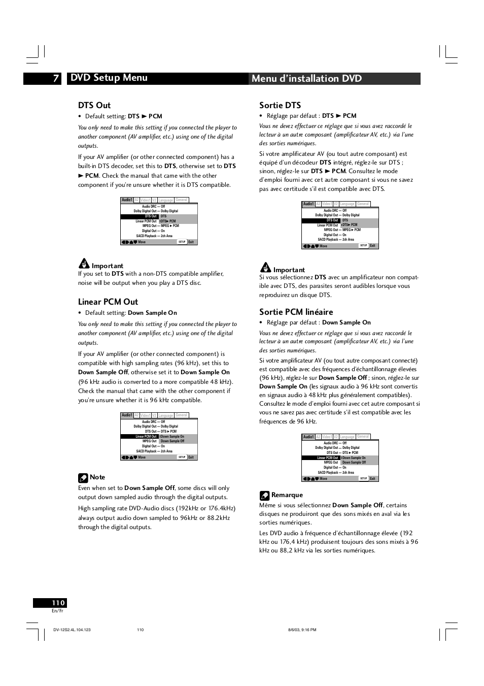 Dvd setup menu 7 menu d’installation dvd, Sortie dts, Sortie pcm linéaire | Dts out, Linear pcm out, Important, Remarque | Marantz DV-12S2 User Manual | Page 110 / 188