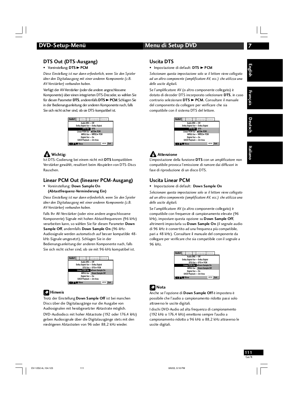 7dvd-setup-menü menu di setup dvd, Dts out (dts-ausgang), Linear pcm out (linearer pcm-ausgang) | Uscita dts, Uscita linear pcm, English fr ançais deut sch it aliano, Wichtig, Hinweis, Attenzione, Nota | Marantz DV-12S2 User Manual | Page 111 / 188