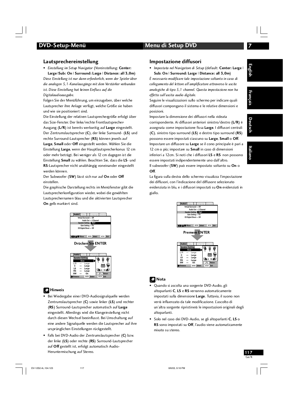 7dvd-setup-menü menu di setup dvd, Lautsprechereinstellung, Impostazione diffusori | English fr ançais deut sch it aliano, Hinweis, Nota | Marantz DV-12S2 User Manual | Page 117 / 188
