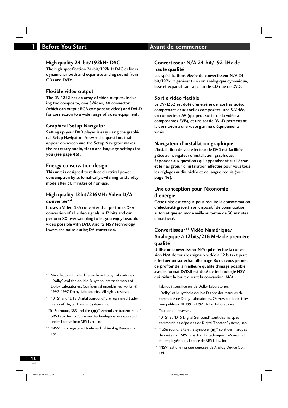 Before you start 1 avant de commencer, Sortie vidéo flexible, Navigateur d’installation graphique | Une conception pour l’économie d’énergie, Convertisseur, Flexible video output, Graphical setup navigator, Energy conservation design | Marantz DV-12S2 User Manual | Page 12 / 188