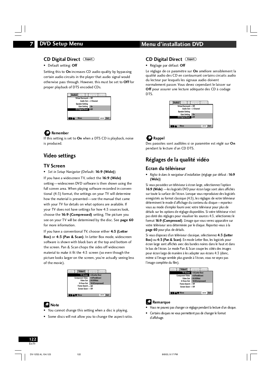 Dvd setup menu 7 menu d’installation dvd, Video settings, Réglages de la qualité vidéo | Cd digital direct, Tv screen, Ecran du téléviseur, Remember, Rappel, Remarque | Marantz DV-12S2 User Manual | Page 122 / 188