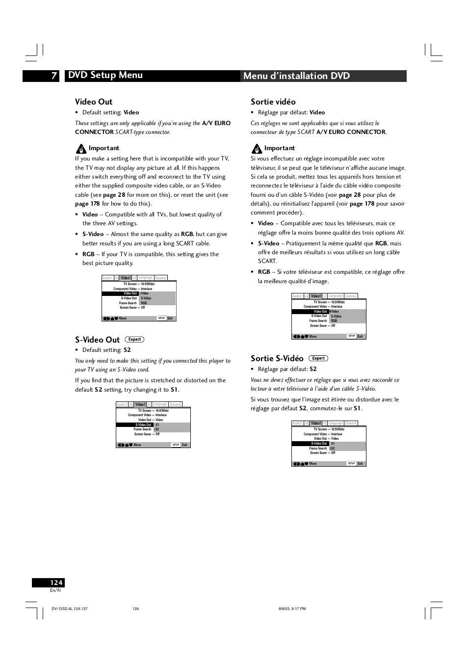Dvd setup menu 7 menu d’installation dvd, Video out, S-video out | Sortie vidéo, Sortie s-vidéo, Important | Marantz DV-12S2 User Manual | Page 124 / 188