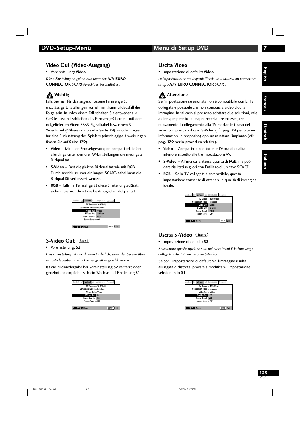 7dvd-setup-menü menu di setup dvd, Video out (video-ausgang), S-video out | Uscita video, Uscita s-video, English fr ançais deut sch it aliano, Wichtig, Attenzione | Marantz DV-12S2 User Manual | Page 125 / 188
