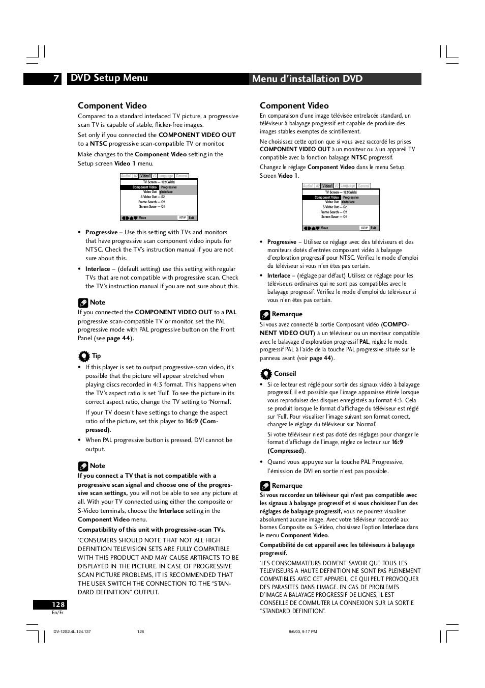 Dvd setup menu 7 menu d’installation dvd, Component video | Marantz DV-12S2 User Manual | Page 128 / 188