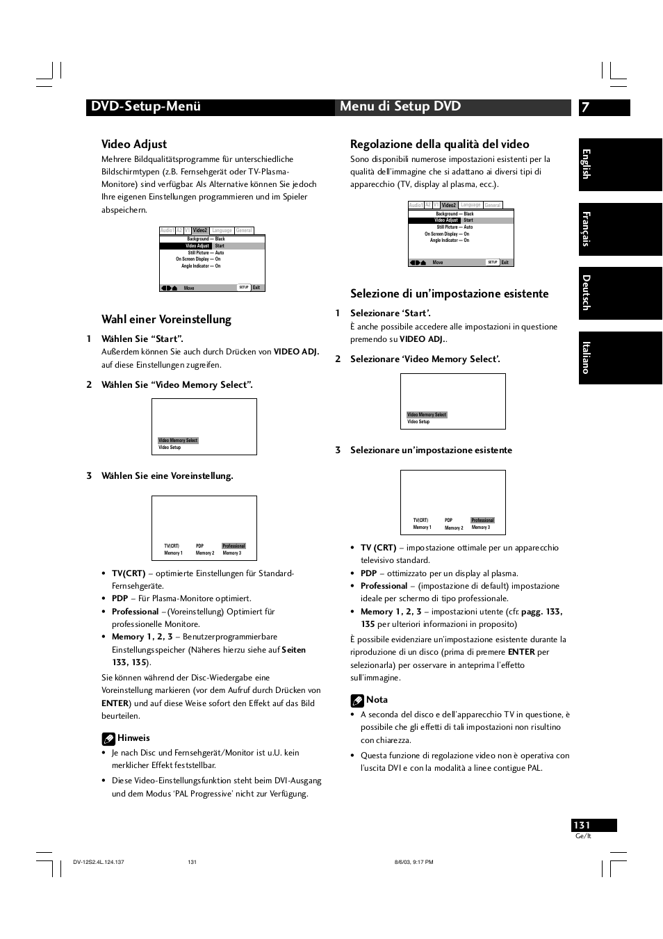 7dvd-setup-menü menu di setup dvd, Video adjust, Wahl einer voreinstellung | Regolazione della qualità del video, Selezione di un’impostazione esistente, English fr ançais deut sch it aliano | Marantz DV-12S2 User Manual | Page 131 / 188