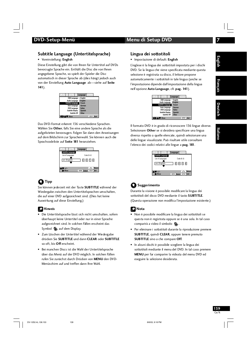 7dvd-setup-menü menu di setup dvd, Subtitle language (untertitelsprache), Lingua dei sottotitoli | English fr ançais deut sch it aliano, Tipp, Hinweis, Suggerimento, Nota | Marantz DV-12S2 User Manual | Page 139 / 188