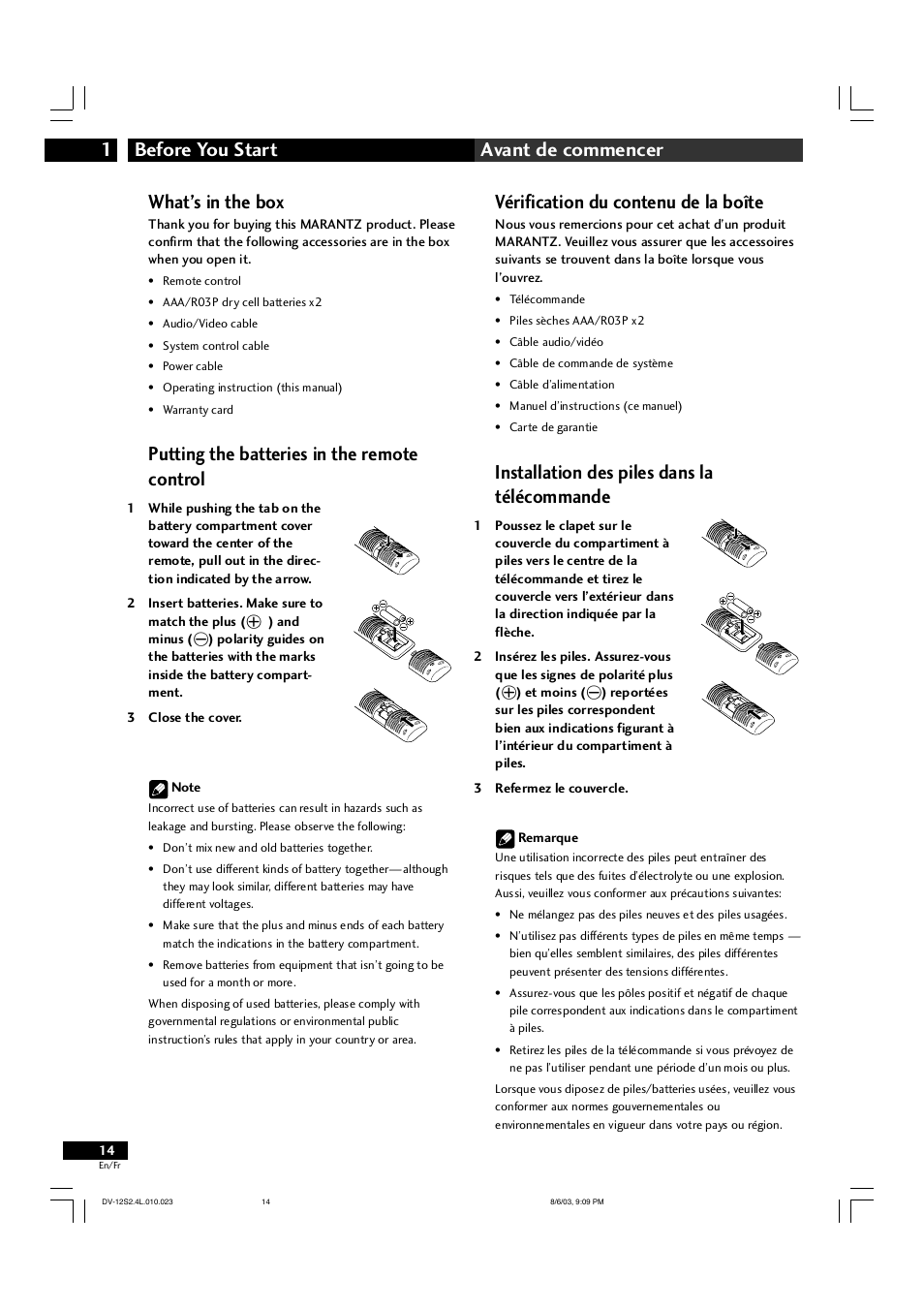 Before you start 1 avant de commencer, What’s in the box, Putting the batteries in the remote control | Vérification du contenu de la boîte, Installation des piles dans la télécommande | Marantz DV-12S2 User Manual | Page 14 / 188