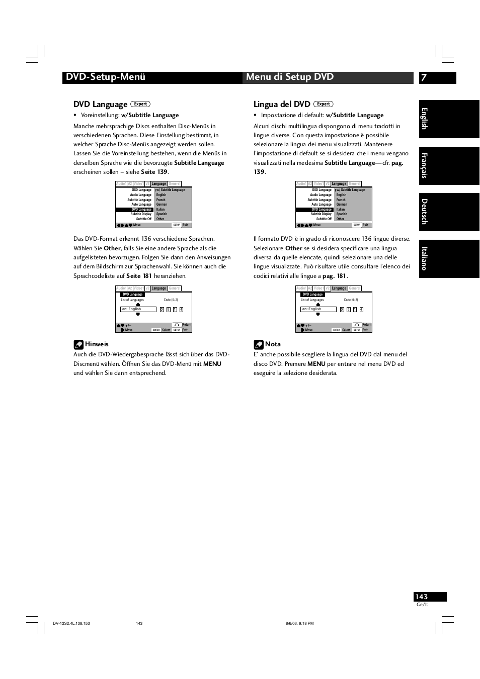 7dvd-setup-menü menu di setup dvd, Dvd language, Lingua del dvd | English fr ançais deut sch it aliano, Hinweis, Nota | Marantz DV-12S2 User Manual | Page 143 / 188