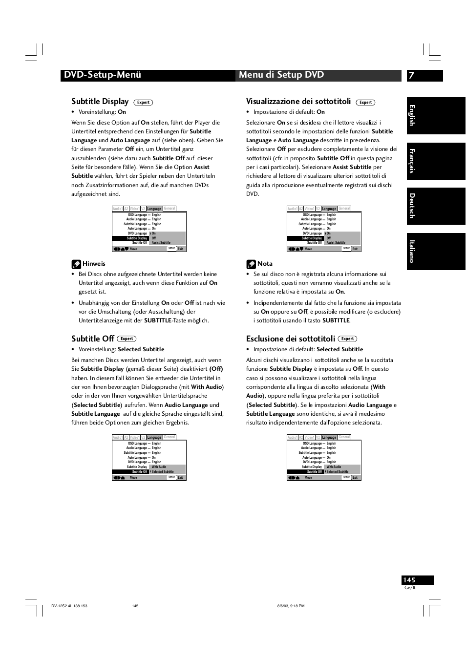 7dvd-setup-menü menu di setup dvd, Subtitle display, Subtitle off | Visualizzazione dei sottotitoli, Esclusione dei sottotitoli, English fr ançais deut sch it aliano, Hinweis, Nota | Marantz DV-12S2 User Manual | Page 145 / 188