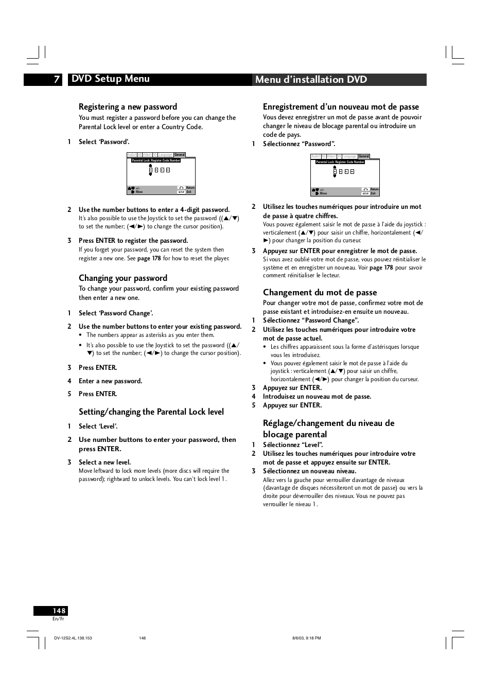 Dvd setup menu 7 menu d’installation dvd, Registering a new password, Changing your password | Setting/changing the parental lock level, Enregistrement d’un nouveau mot de passe, Changement du mot de passe, Réglage/changement du niveau de blocage parental | Marantz DV-12S2 User Manual | Page 148 / 188