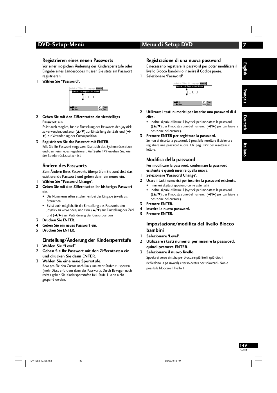 7dvd-setup-menü menu di setup dvd, Registrieren eines neuen passworts, Ändern des passworts | Einstellung/änderung der kindersperrstufe, Registrazione di una nuova password, Modifica della password, Impostazione/modifica del livello blocco bambini | Marantz DV-12S2 User Manual | Page 149 / 188