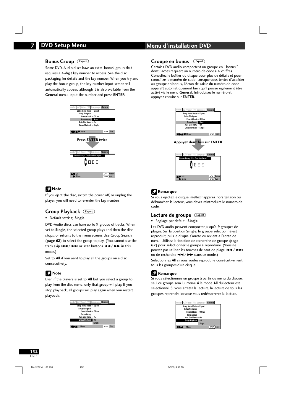 Dvd setup menu 7 menu d’installation dvd, Groupe en bonus, Lecture de groupe | Bonus group, Group playback, Remarque, Appuyez deux fois sur enter, Press enter twice | Marantz DV-12S2 User Manual | Page 152 / 188