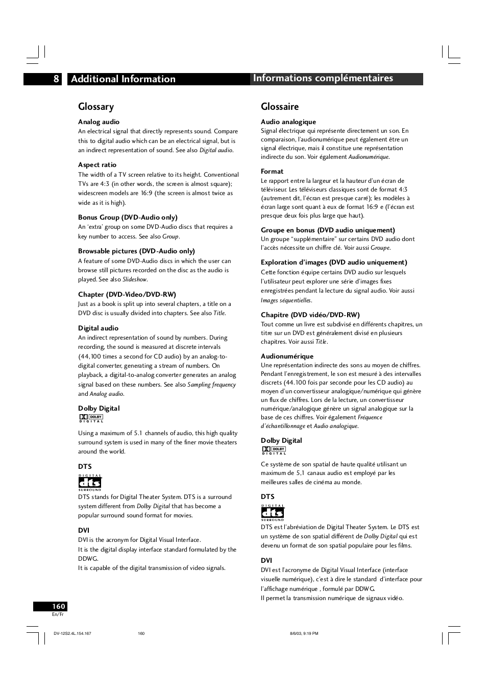 Glossary, Glossaire | Marantz DV-12S2 User Manual | Page 160 / 188