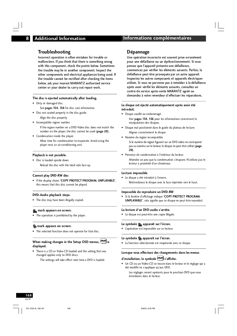 Troubleshooting, Dépannage | Marantz DV-12S2 User Manual | Page 168 / 188