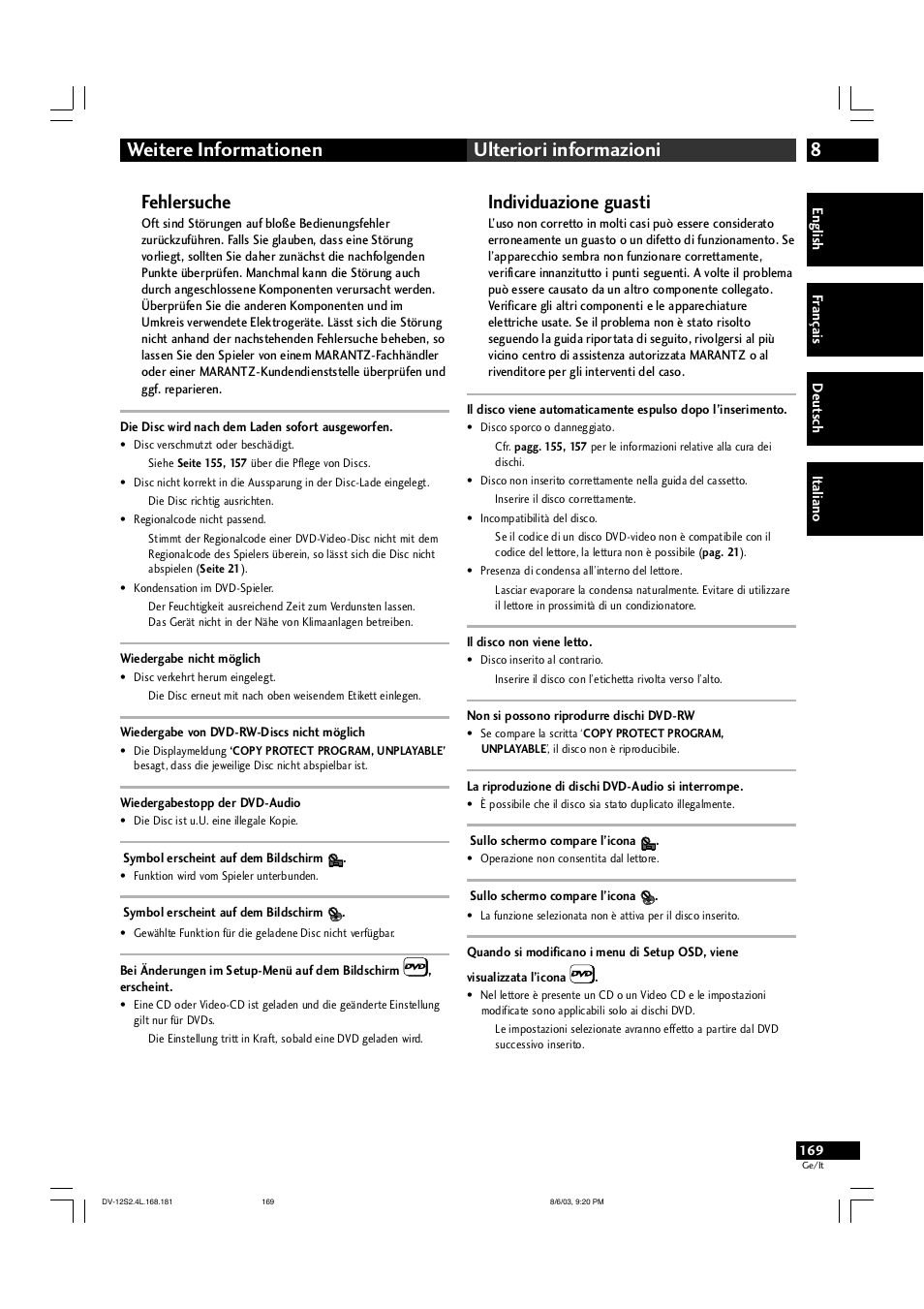8weitere informationen ulteriori informazioni, Fehlersuche, Individuazione guasti | Marantz DV-12S2 User Manual | Page 169 / 188
