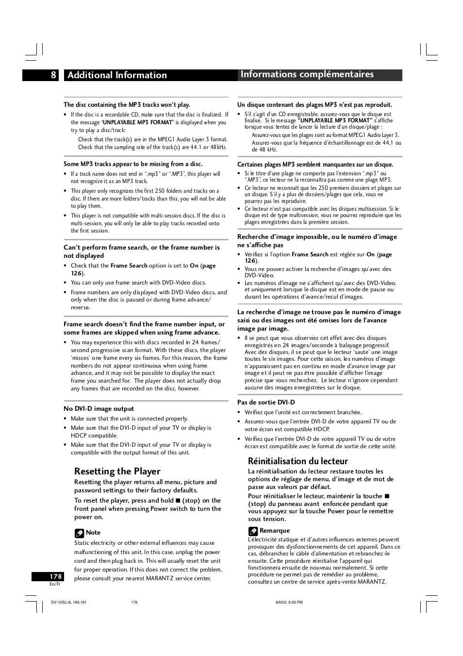 Réinitialisation du lecteur, Resetting the player | Marantz DV-12S2 User Manual | Page 178 / 188