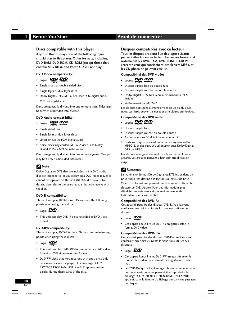 Before you start 1 avant de commencer, Discs compatible with this player, Disques compatibles avec ce lecteur | Marantz DV-12S2 User Manual | Page 18 / 188