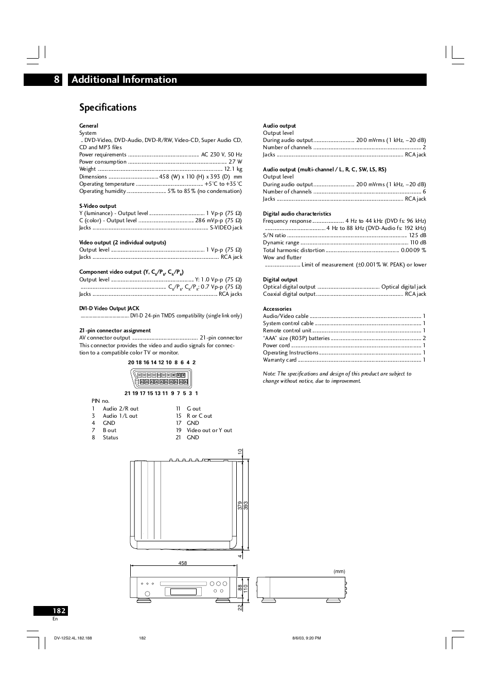 Additional information 8, Specifications | Marantz DV-12S2 User Manual | Page 182 / 188