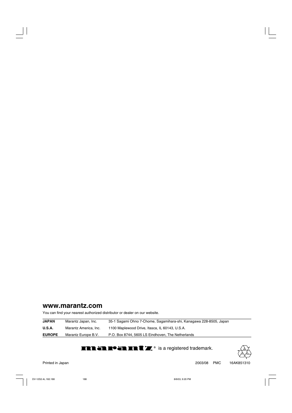 Is a registered trademark | Marantz DV-12S2 User Manual | Page 188 / 188