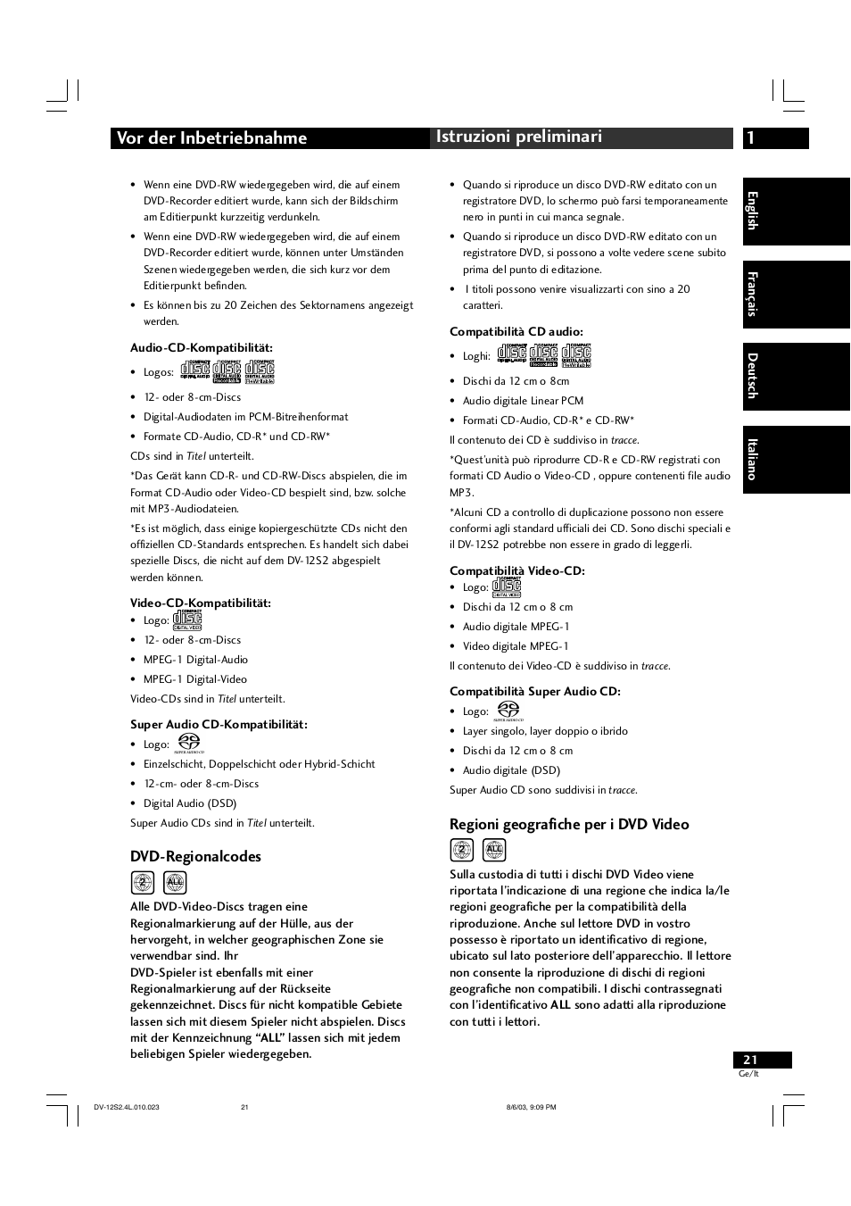1vor der inbetriebnahme istruzioni preliminari, Dvd-regionalcodes, Regioni geografiche per i dvd video | Marantz DV-12S2 User Manual | Page 21 / 188