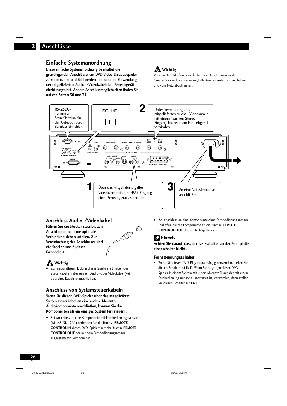 Anschlüsse 2, Einfache systemanordnung, Anschluss audio-/videokabel | Anschluss von systemsteuerkabeln, Wichtig, Ext. int. rs-232c- termimal | Marantz DV-12S2 User Manual | Page 26 / 188
