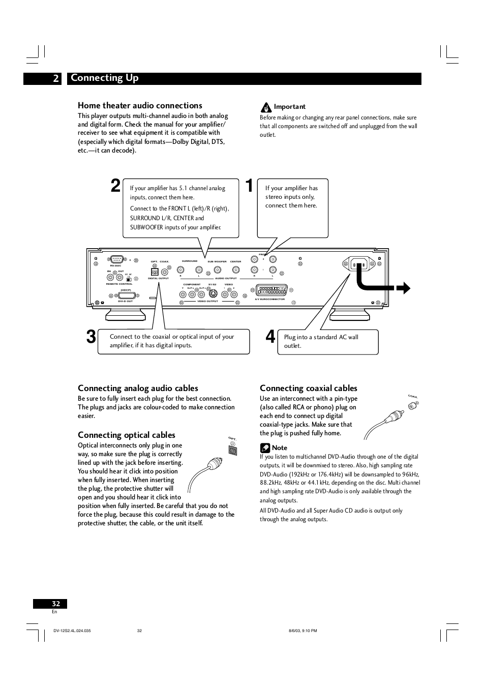 Connecting up 2, Home theater audio connections, Connecting analog audio cables | Connecting optical cables, Connecting coaxial cables, Important | Marantz DV-12S2 User Manual | Page 32 / 188