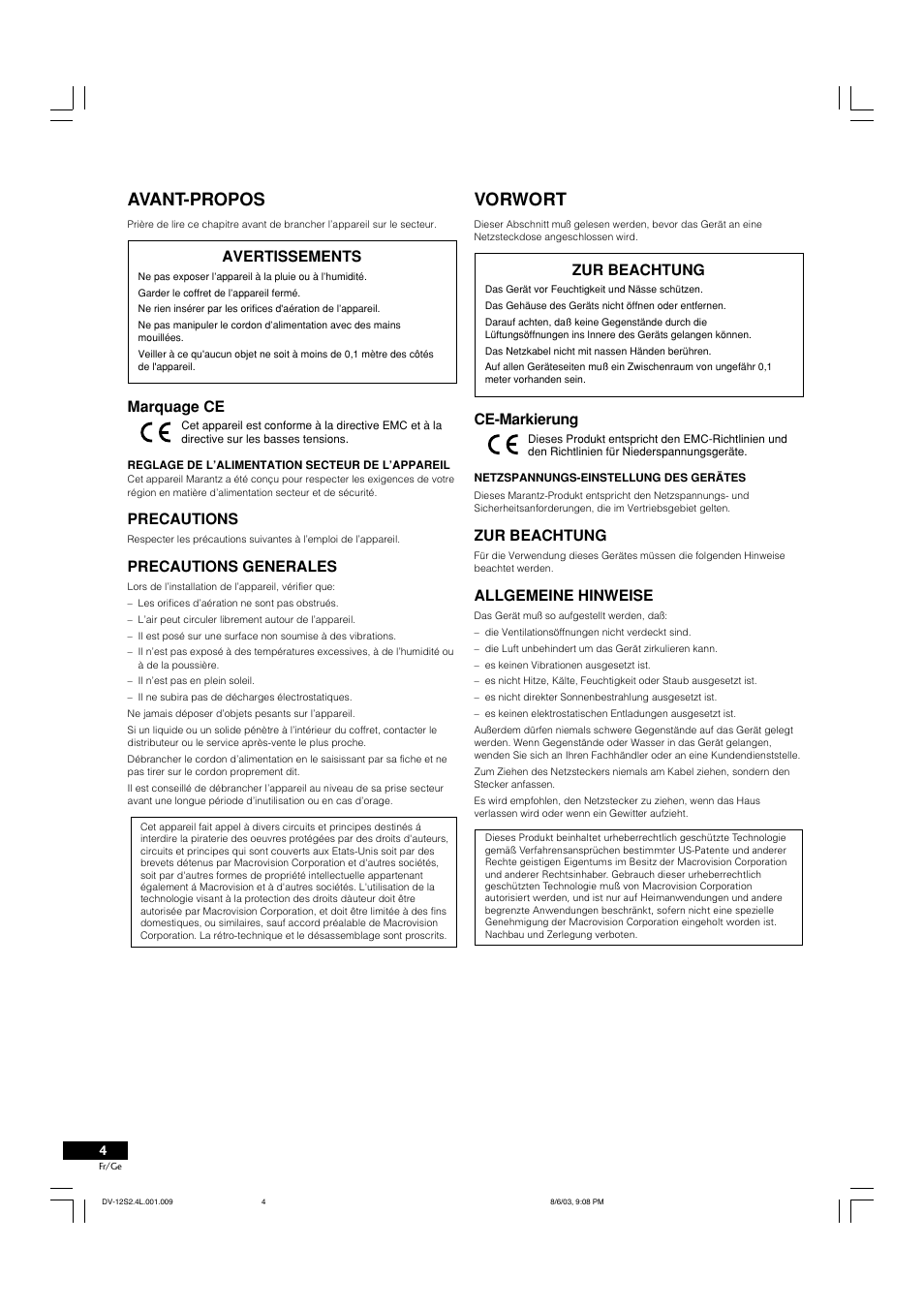 Avant-propos, Vorwort, Avertissements | Marquage ce, Precautions, Precautions generales, Zur beachtung, Ce-markierung, Allgemeine hinweise | Marantz DV-12S2 User Manual | Page 4 / 188