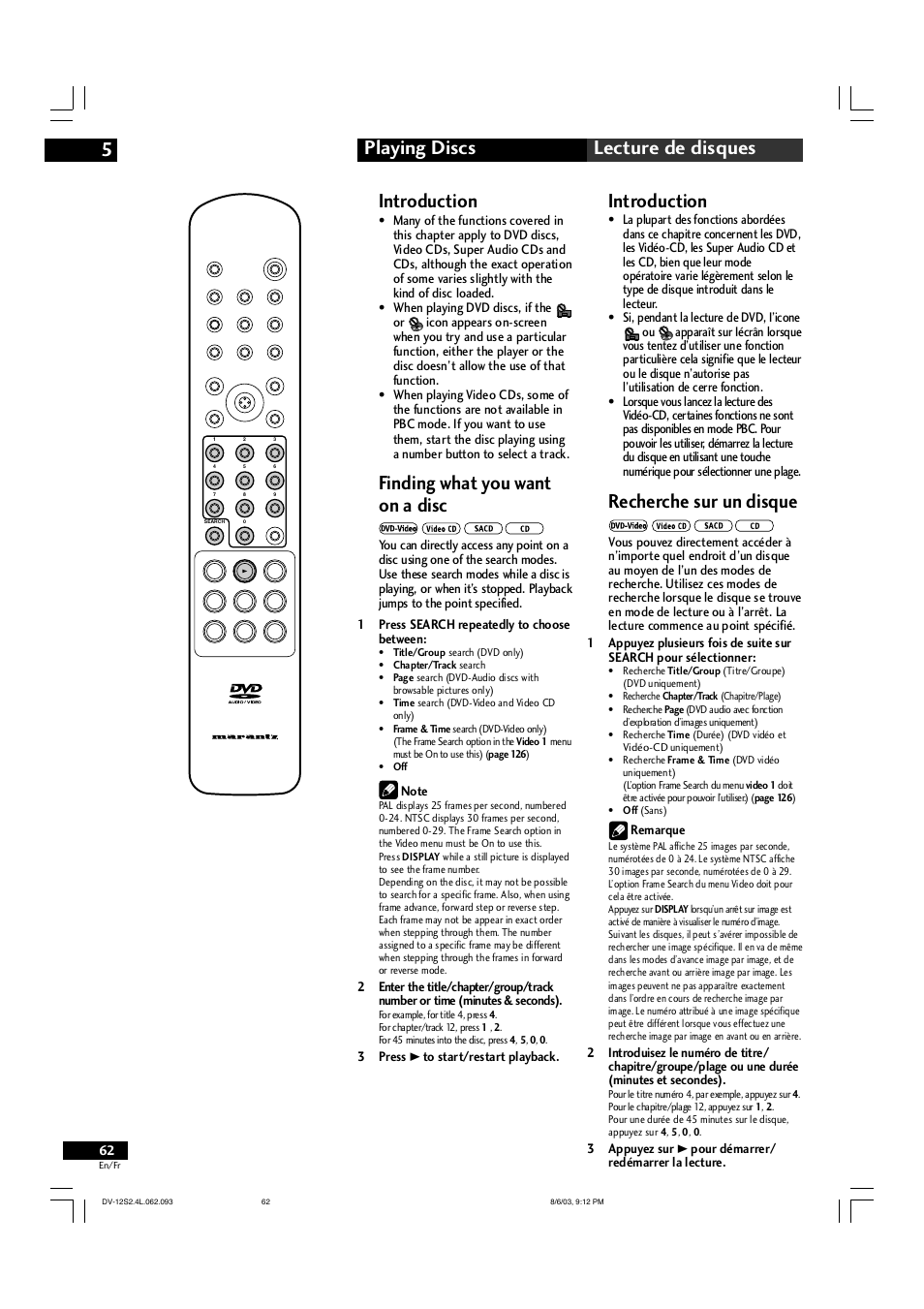 Playing discs 5 lecture de disques, Introduction, Finding what you want on a disc | Recherche sur un disque | Marantz DV-12S2 User Manual | Page 62 / 188