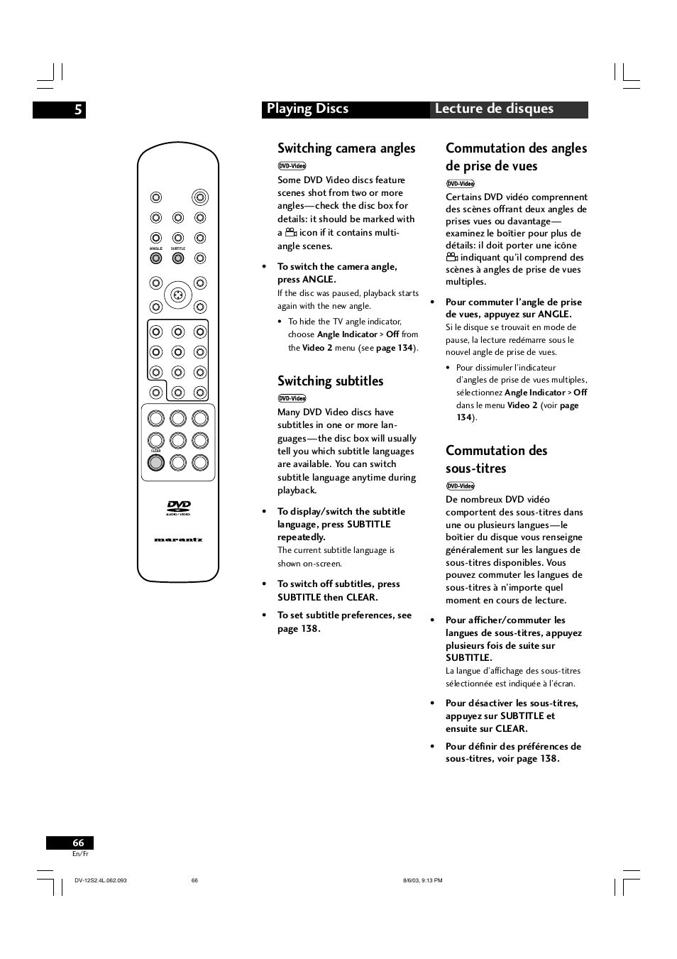 Playing discs 5 lecture de disques, Switching camera angles, Switching subtitles | Commutation des angles de prise de vues, Commutation des sous-titres | Marantz DV-12S2 User Manual | Page 66 / 188