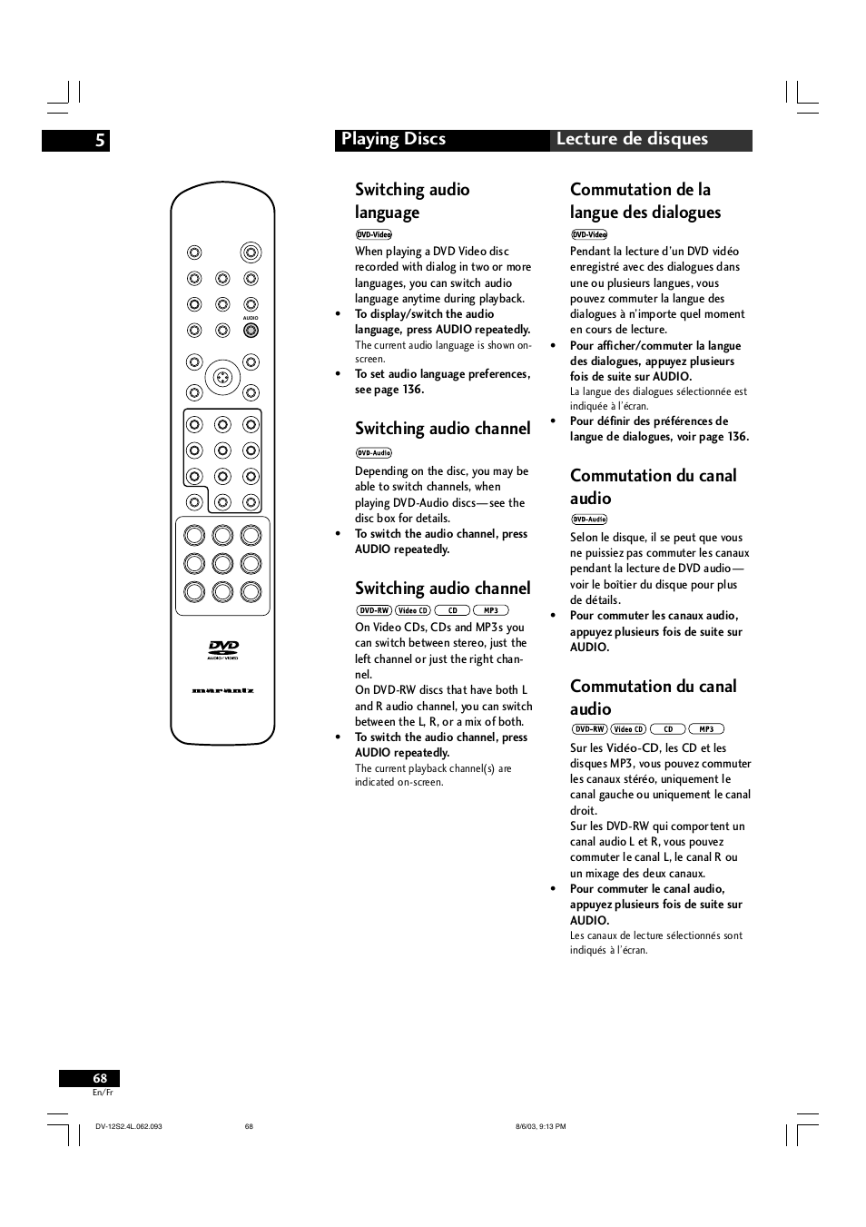 Playing discs 5 lecture de disques, Switching audio language, Switching audio channel | Commutation de la langue des dialogues, Commutation du canal audio | Marantz DV-12S2 User Manual | Page 68 / 188