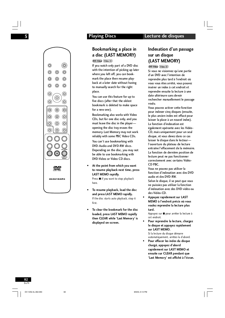 Playing discs 5 lecture de disques | Marantz DV-12S2 User Manual | Page 82 / 188