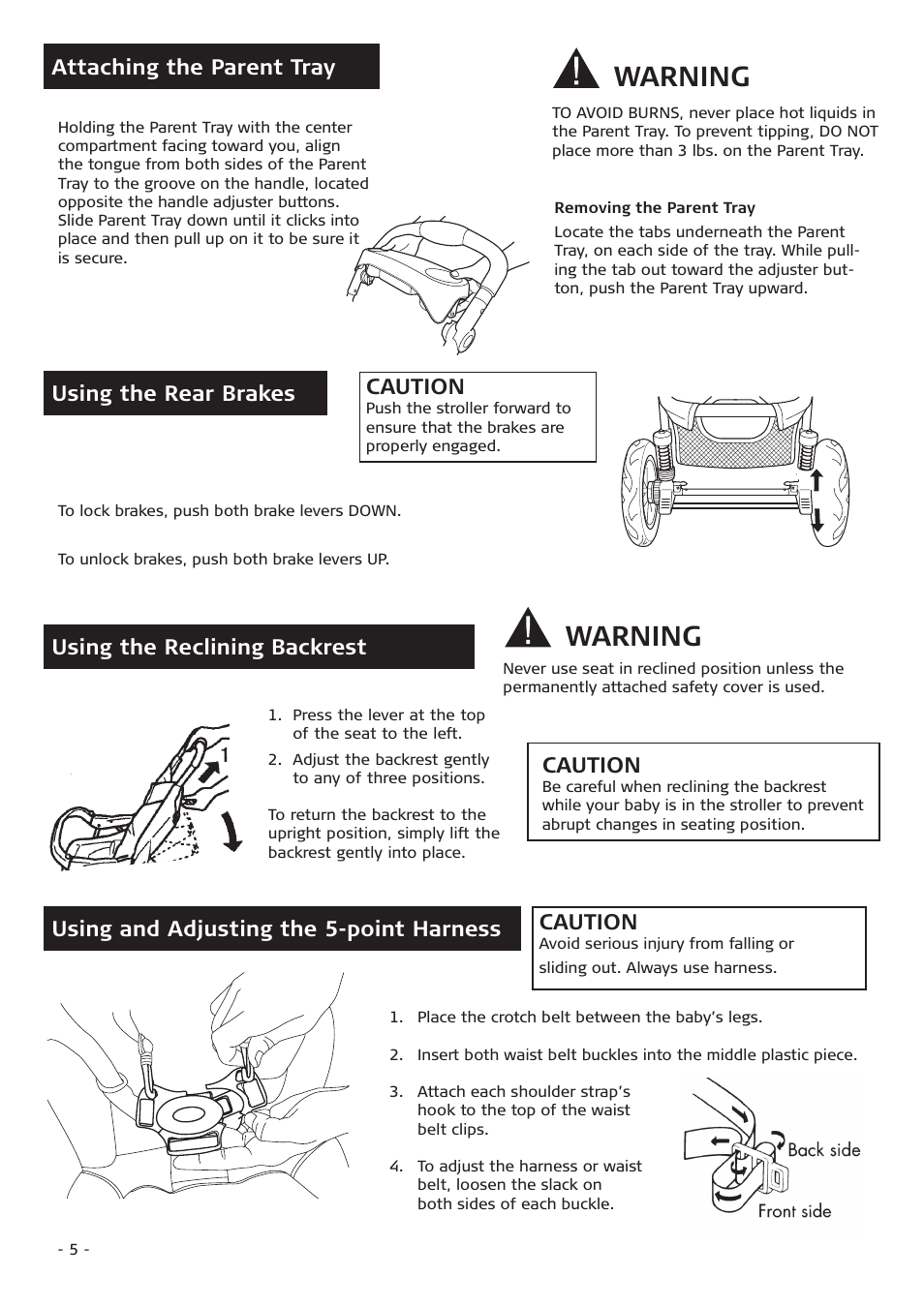 Warning, Attaching the parent tray, Using the rear brakes caution | Using the reclining backrest, Caution, Using and adjusting the 5-point harness | Combi 7735 User Manual | Page 5 / 12