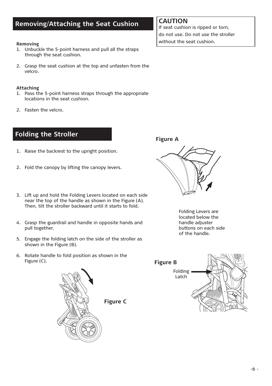 Removing/attaching the seat cushion, Caution, Folding the stroller | Combi 7735 User Manual | Page 6 / 12