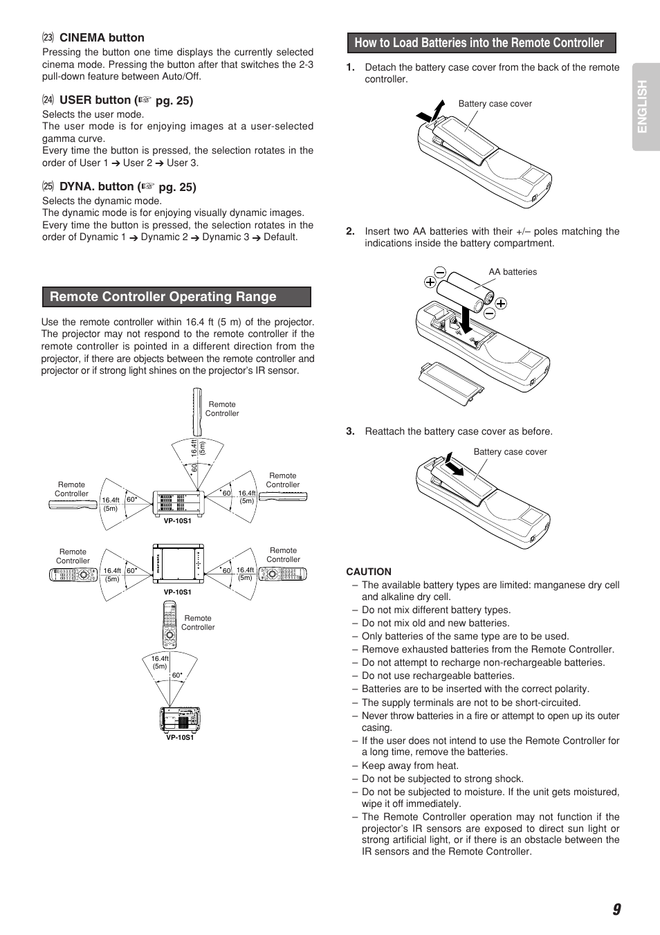 Remote controller operating range, How to load batteries into the remote controller | Marantz VP-10S1 User Manual | Page 13 / 49