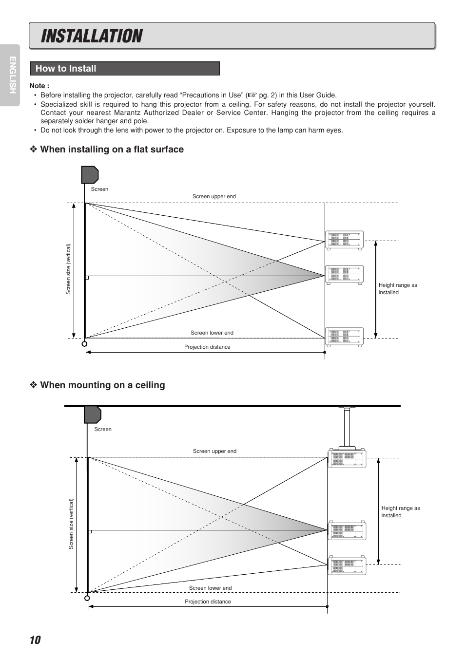 Installation, When installing on a flat surface, When mounting on a ceiling how to install | Marantz VP-10S1 User Manual | Page 14 / 49