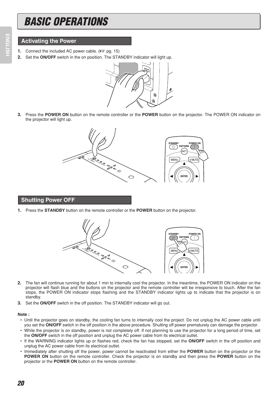 Basic operations, Shutting power off, Activating the power | English, Connect the included ac power cable, Pg. 15) | Marantz VP-10S1 User Manual | Page 24 / 49