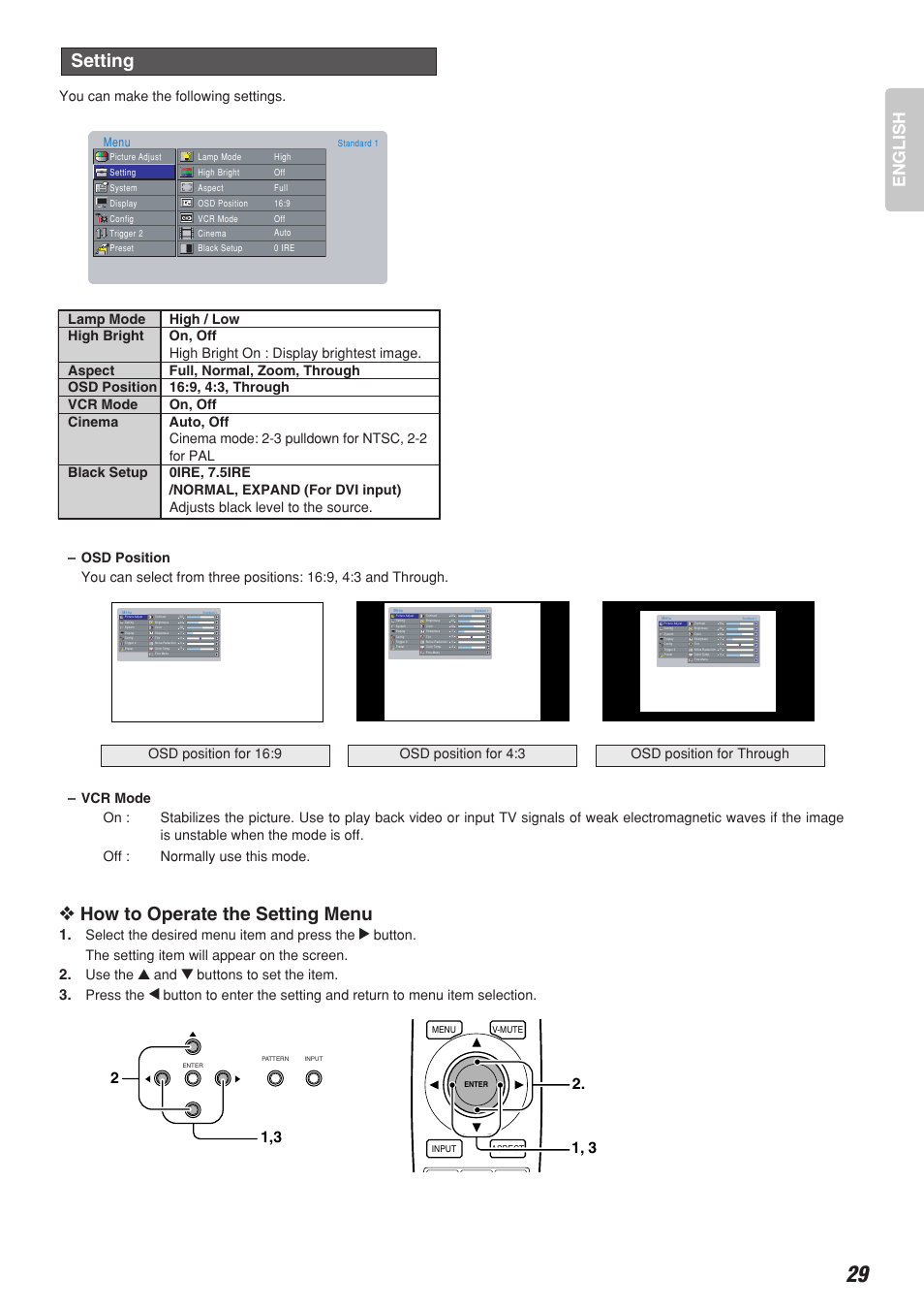 How to operate the setting menu, Setting, English | Select the desired menu item and press the, Button. the setting item will appear on the screen, Use the, Buttons to set the item, Press the, Menu | Marantz VP-10S1 User Manual | Page 33 / 49