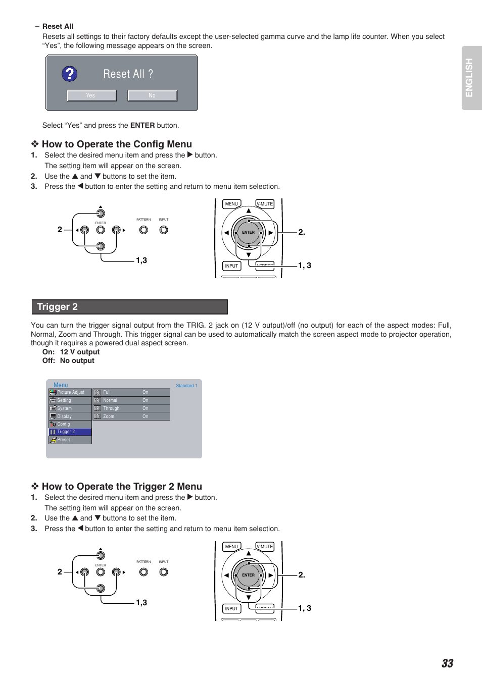 Reset all, How to operate the config menu, How to operate the trigger 2 menu | Trigger 2, English | Marantz VP-10S1 User Manual | Page 37 / 49