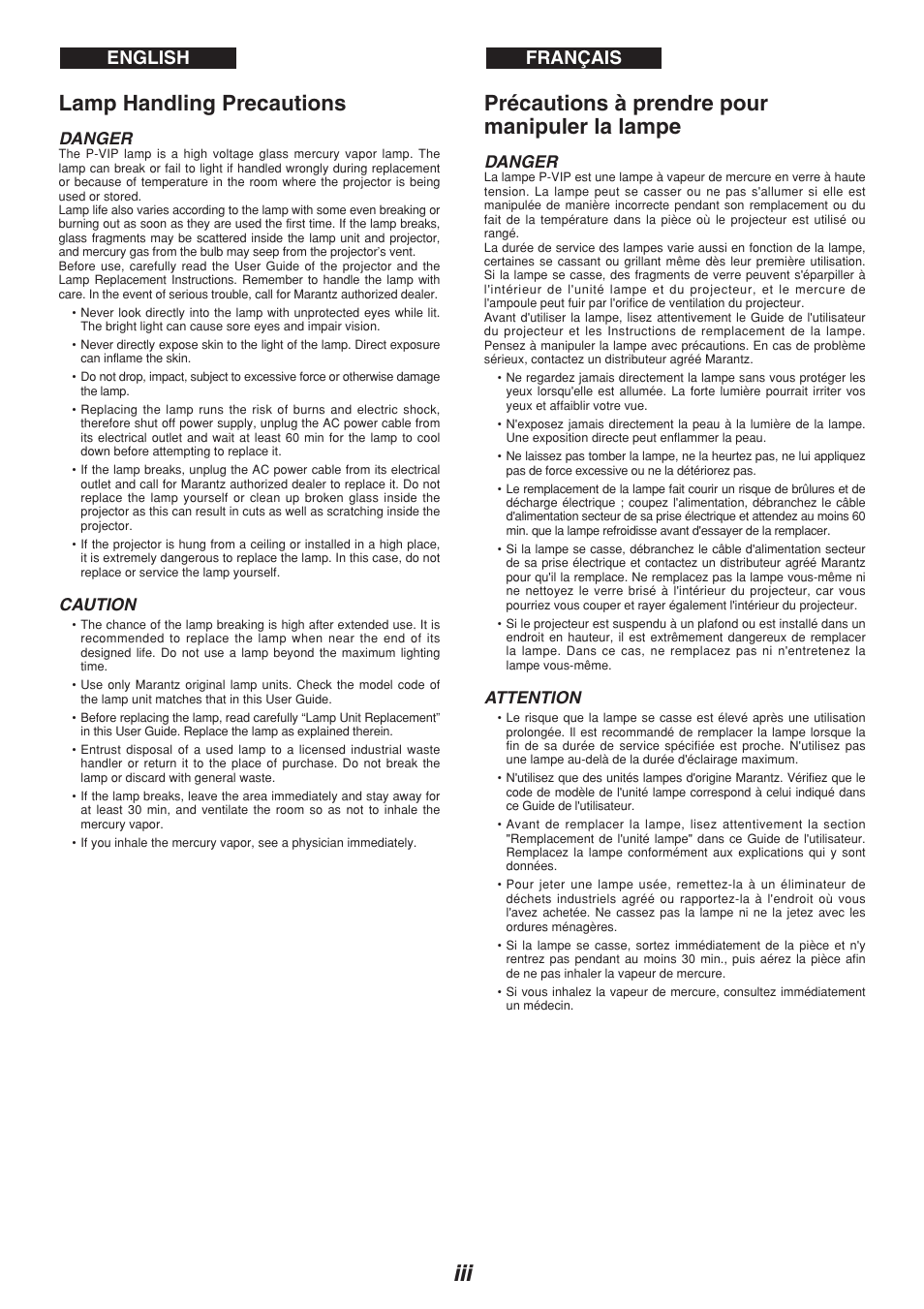 Iii lamp handling precautions, Précautions à prendre pour manipuler la lampe, Français english | Danger, Caution, Attention | Marantz VP-10S1 User Manual | Page 4 / 49