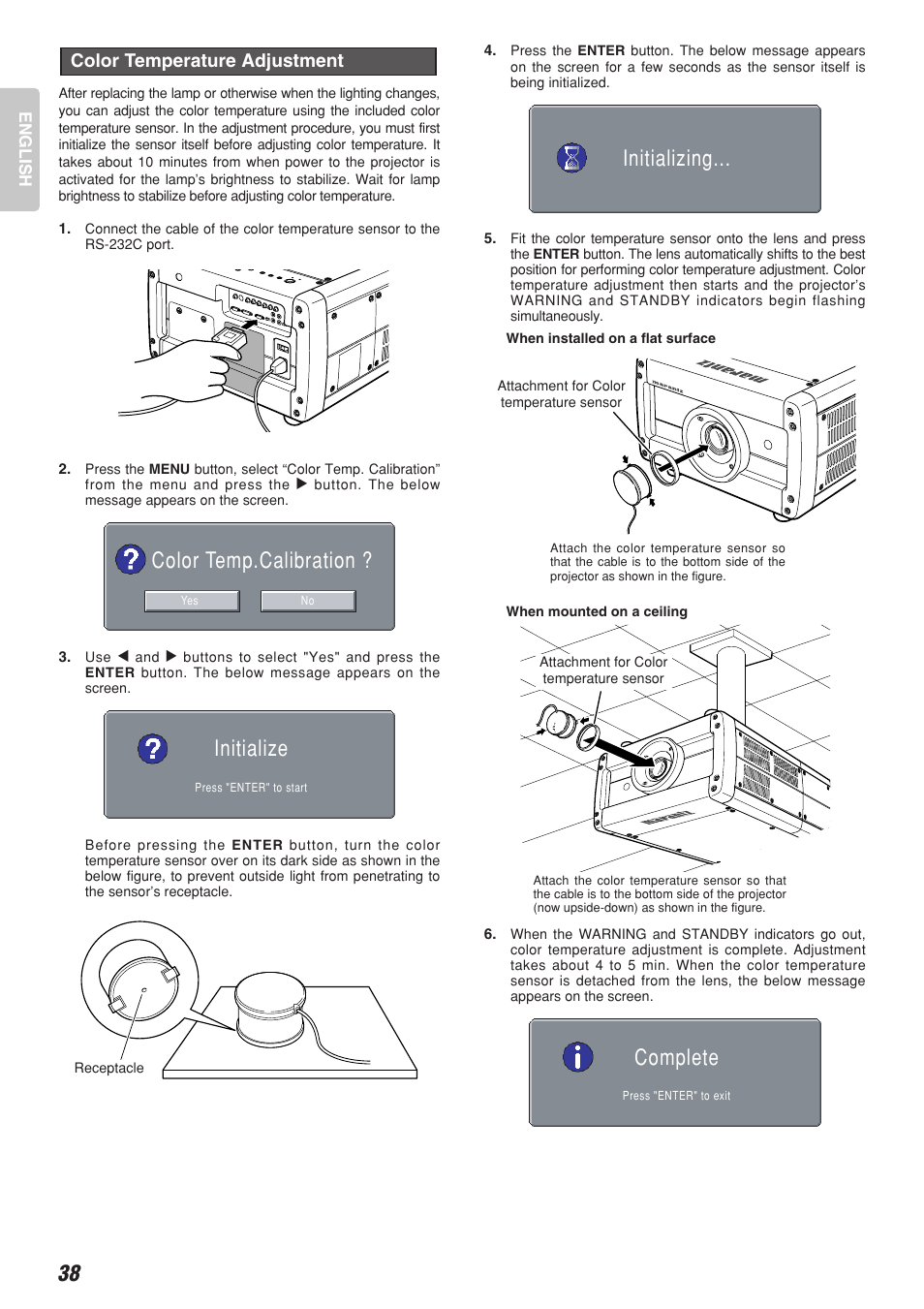 Complete initializing, Initialize color temp.calibration, Color temperature adjustment | Marantz VP-10S1 User Manual | Page 42 / 49