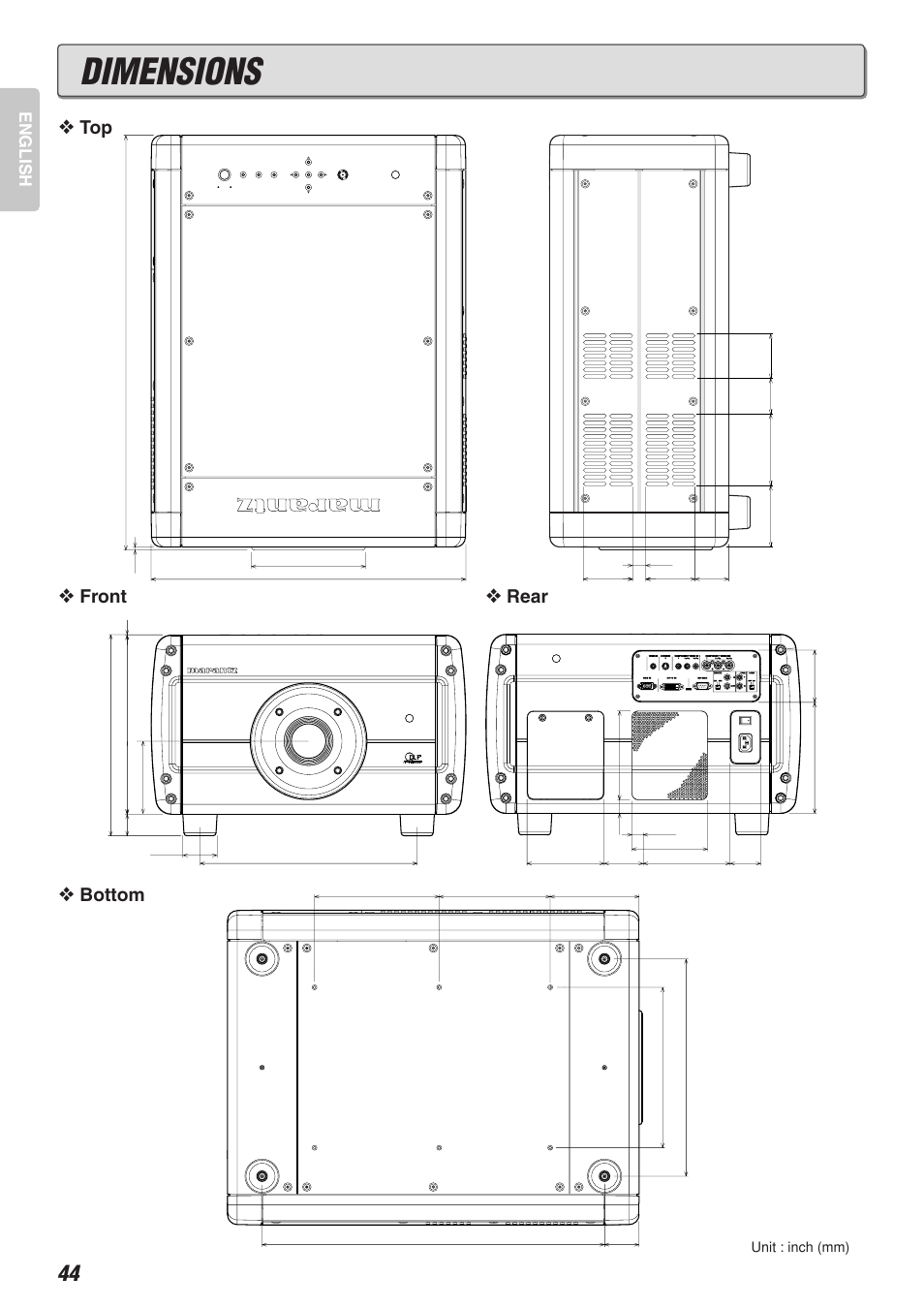 Dimensions, Front, Rear | Bottom, English | Marantz VP-10S1 User Manual | Page 48 / 49