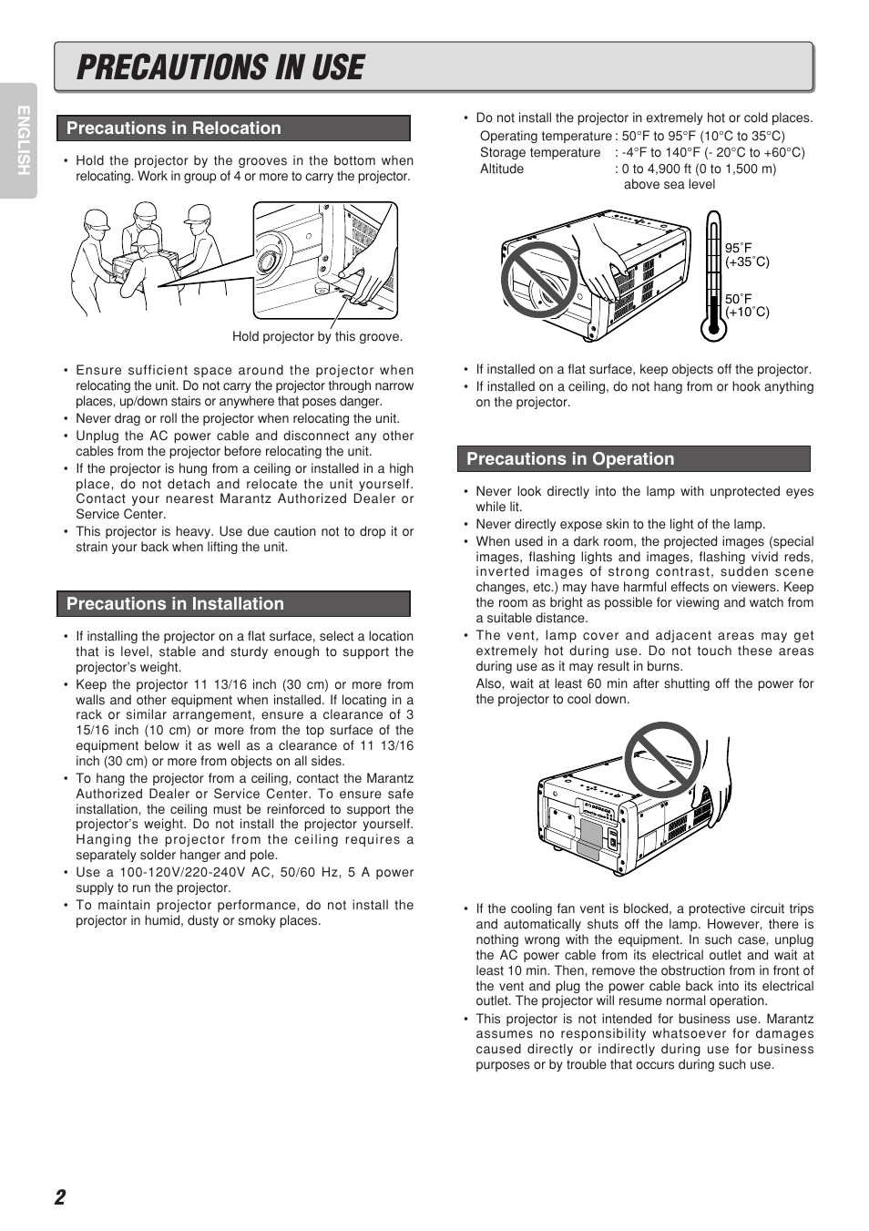 Precautions in use, Precautions in operation | Marantz VP-10S1 User Manual | Page 6 / 49