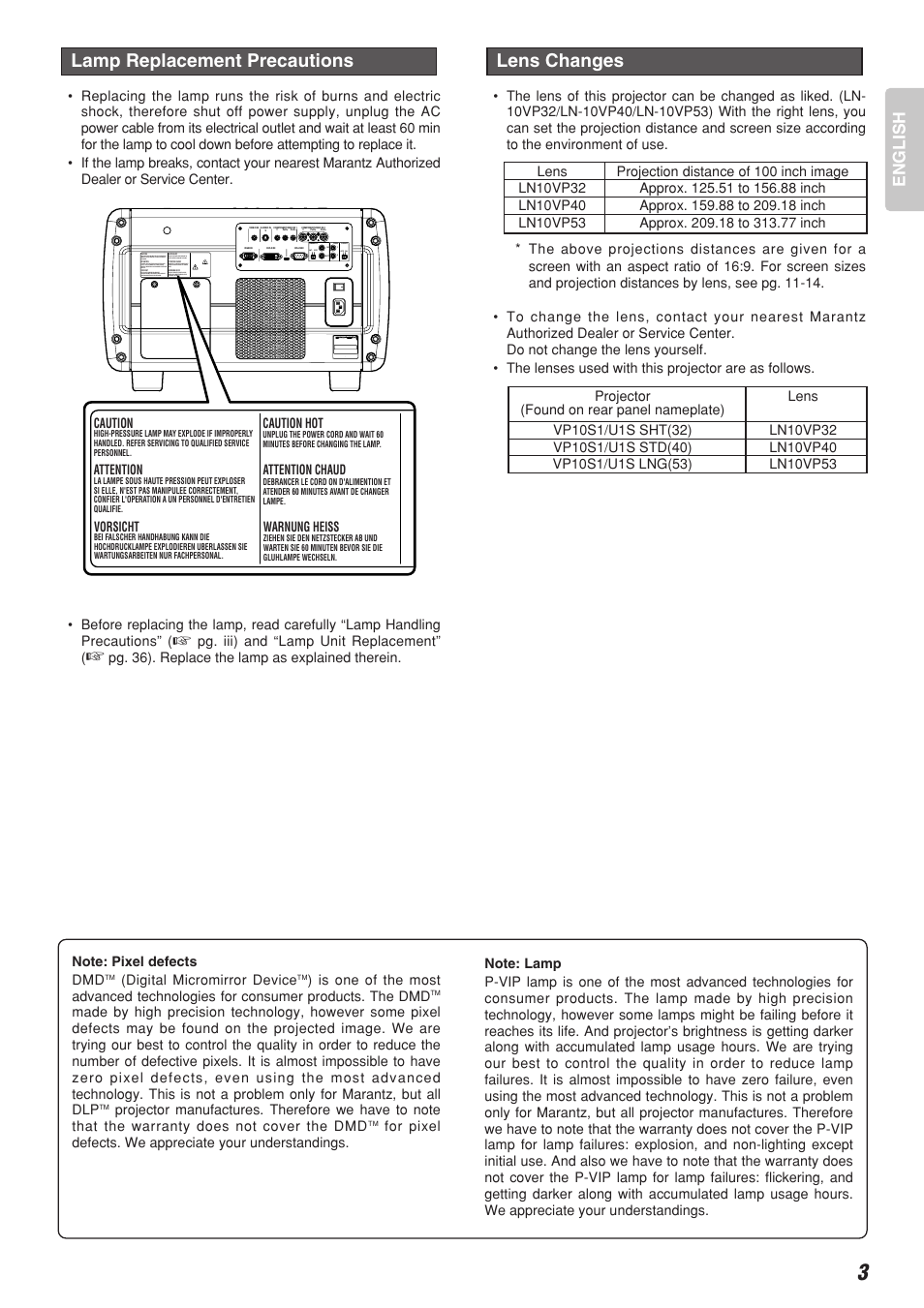 Lens changes, Lamp replacement precautions, English | Marantz VP-10S1 User Manual | Page 7 / 49