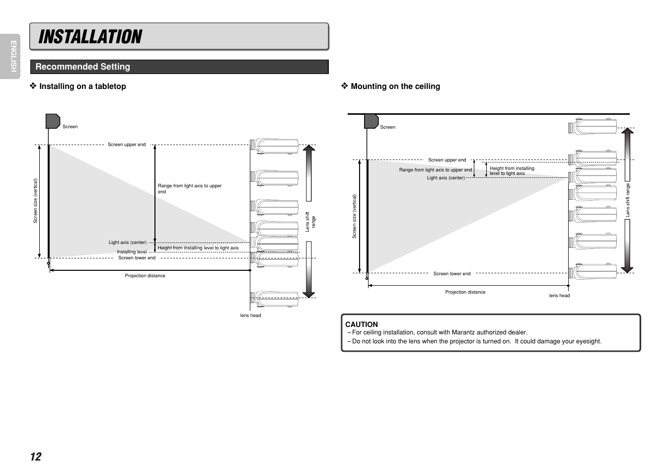 Installation, Recommended setting | Marantz VP-12S4 User Manual | Page 18 / 37