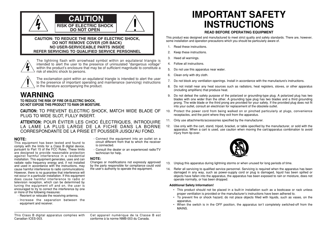 Important safety instructions, Caution, Warning | Marantz VP-12S4 User Manual | Page 2 / 37